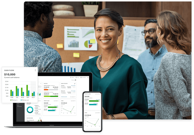 Professional team discussing financial reports, with a clear focus on a woman smiling confidently at the camera.
In the foreground, financial charts and graphs are displayed on a laptop and mobile device, illustrating the
comprehensive bookkeeping services offered. This visual encapsulates the commitment to delivering complete and
accurate financial statements, emblematic of U.S.-based expertise.