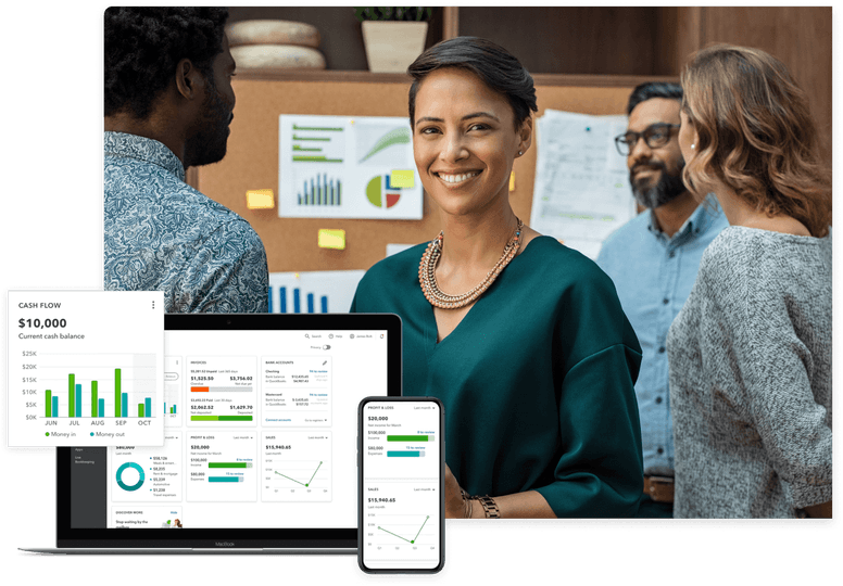 
                  Professional team discussing financial reports, with a clear focus on a woman smiling confidently at the camera.
                  In the foreground, financial charts and graphs are displayed on a laptop and mobile device, illustrating the
                  comprehensive bookkeeping services offered. This visual encapsulates the commitment to delivering complete and
                  accurate financial statements, emblematic of U.S.-based expertise.
                