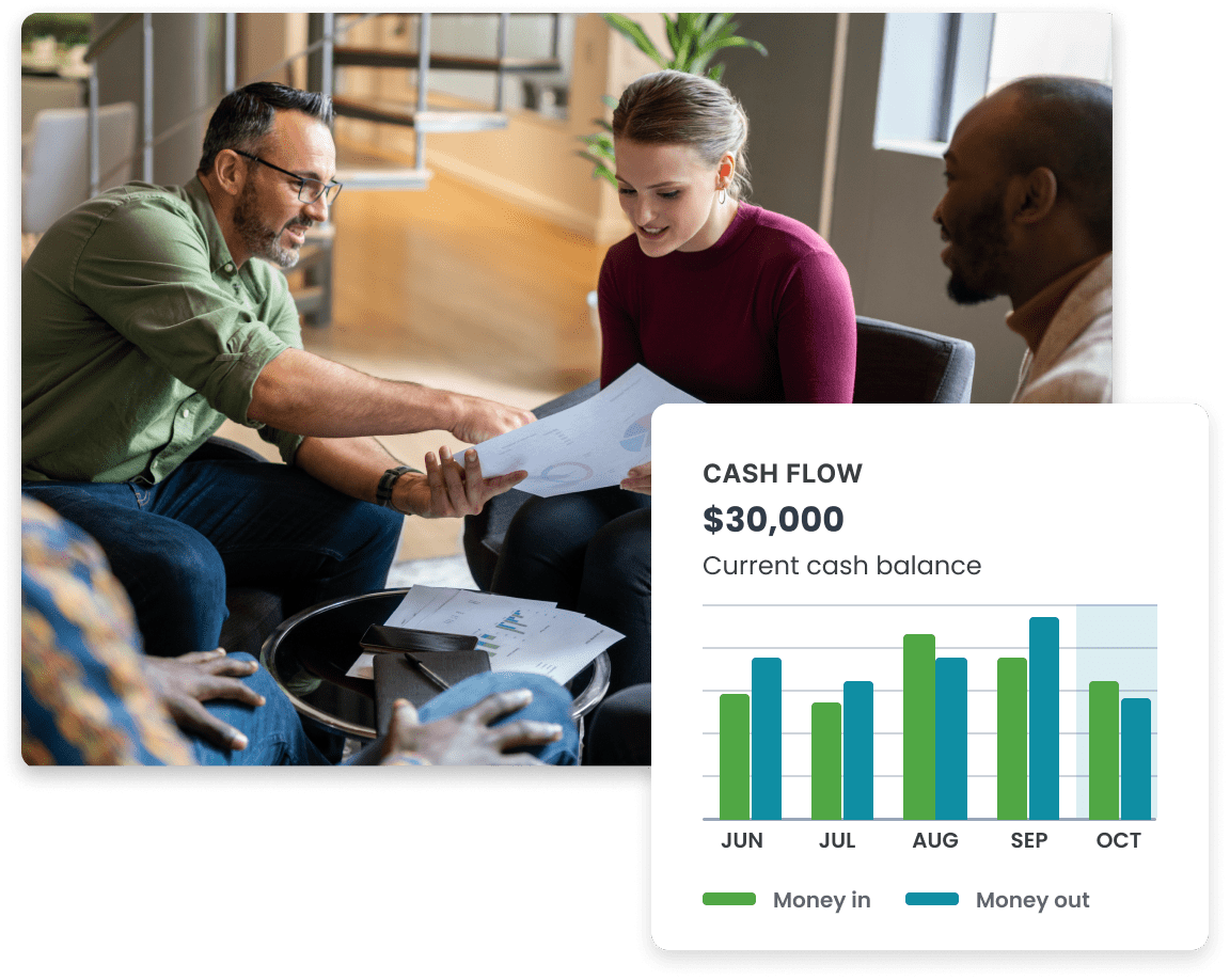 Three professionals collaborating over financial documents with a laptop displaying a cash flow chart showing a current balance of $30,000.
The chart indicates monthly 'Money in' and 'Money out' for June through October, demonstrating the advanced forecasting and financial oversight
provided by fractional CFO services.