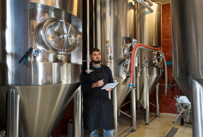 
                  A brewmaster attentively standing beside stainless steel brewing tanks, holding a clipboard, possibly inspecting or recording details in a craft brewery setting.
                