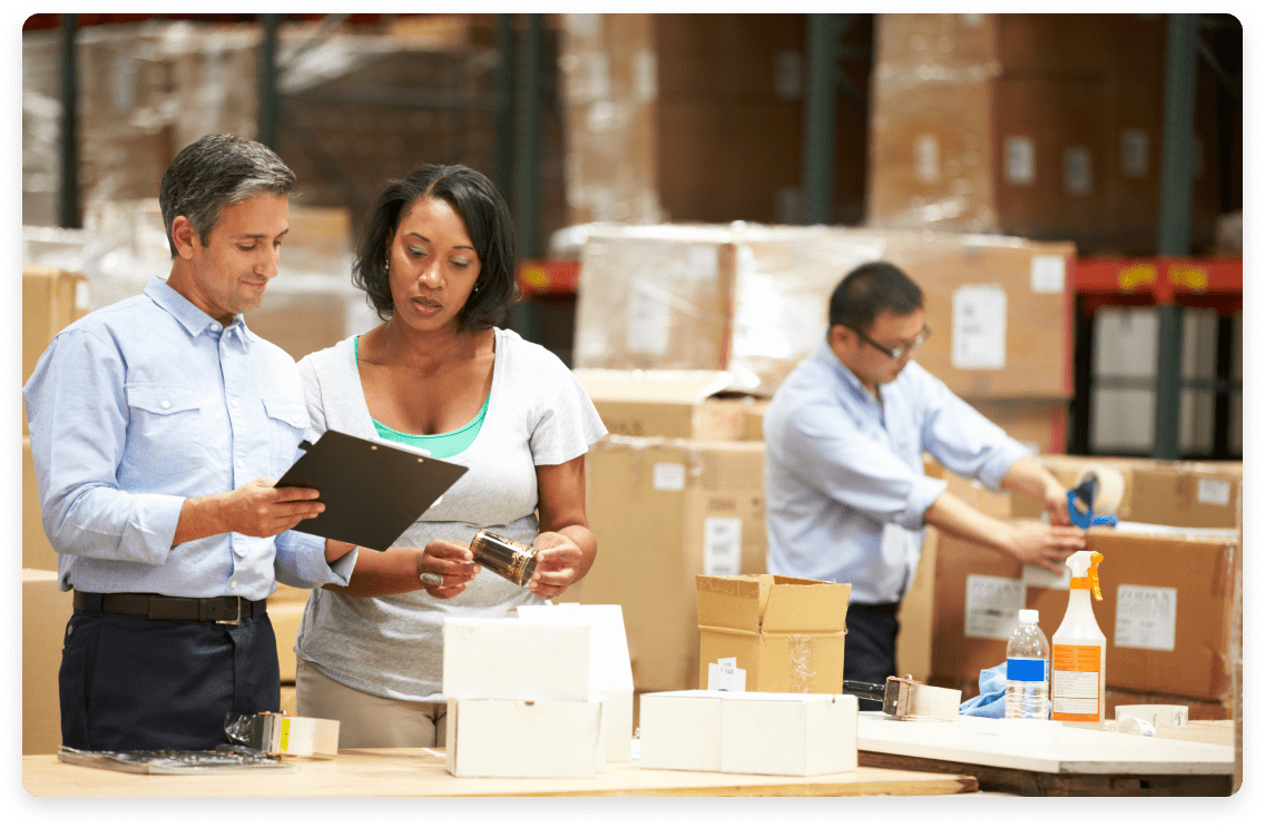 
                  A man and woman working in an eCommerce warehouse inspecting products and inventory with a clipboard,
                  representing the diligent work of US-based, QuickBooks-certified bookkeeping teams supporting eCommerce businesses.
                