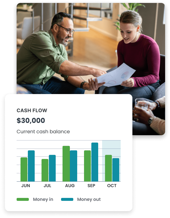 Three professionals collaborating over financial documents with a laptop displaying a cash flow chart showing a current balance of $30,000.
The chart indicates monthly 'Money in' and 'Money out' for June through October, demonstrating the advanced forecasting and financial oversight
provided by fractional CFO services.